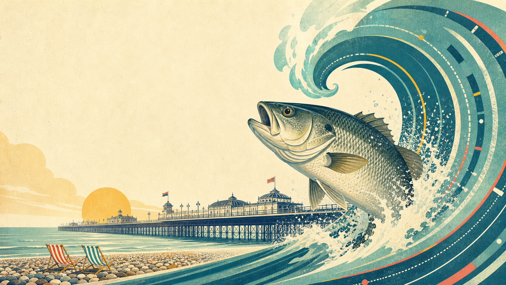 Graphic bass riding a wave by Brighton pier